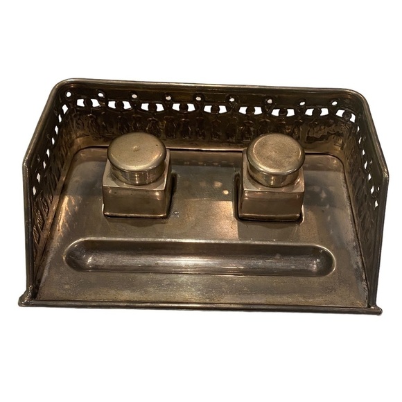 Art Deco Silver Plate Inkwell Desk Set - fun rare antique form for use or decor - Picture 1 of 15